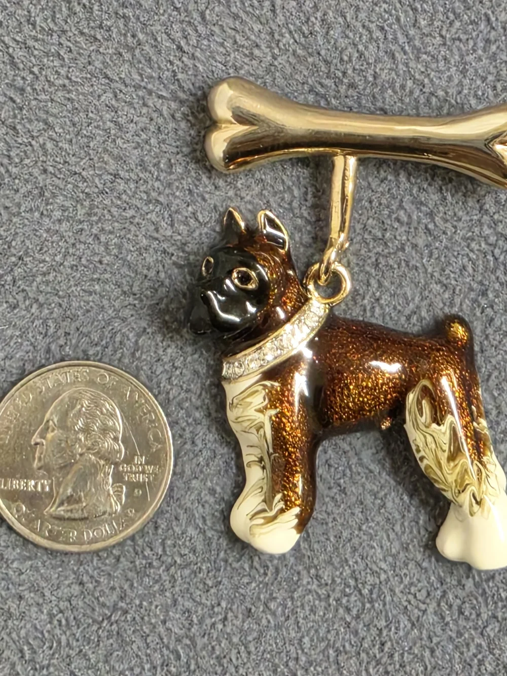 Schnauzer Dog Brooch Bone Dangle Gold Tone Brown Enamel Rhinestone Pin New